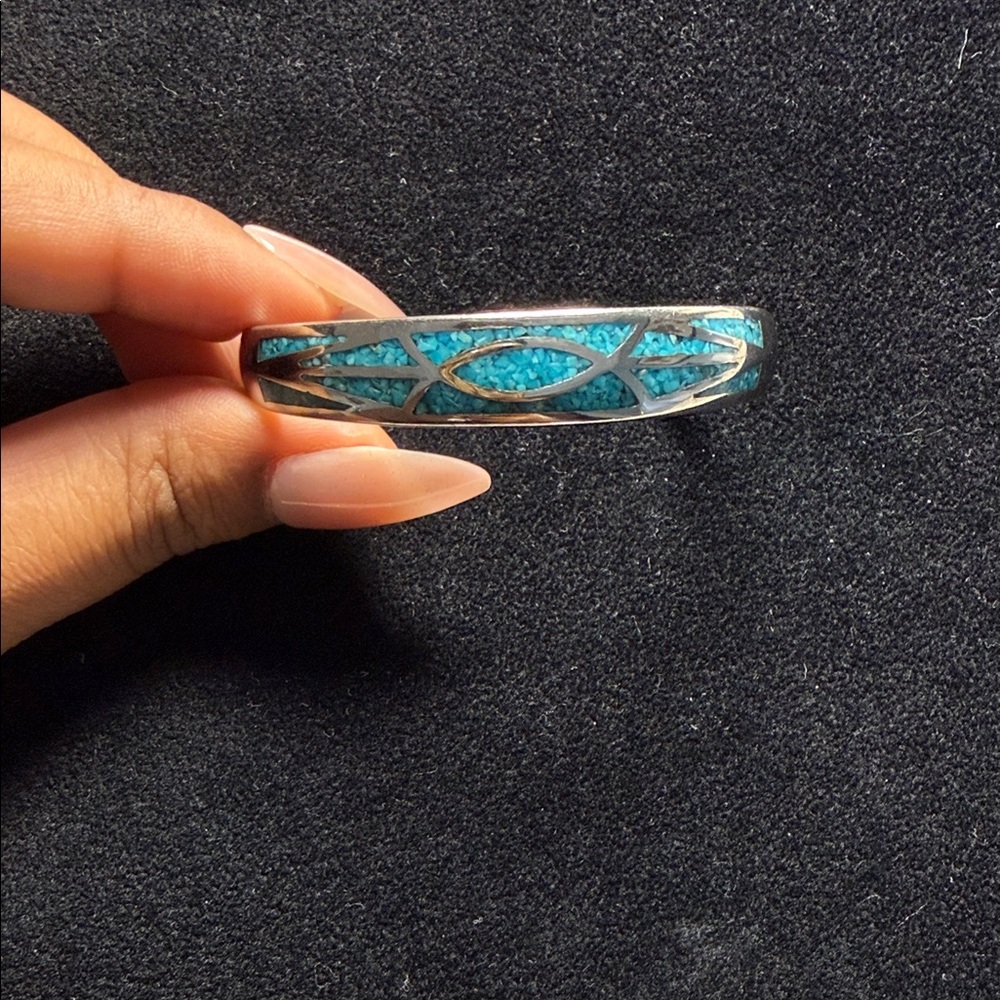 Blue Inlay Silver Tone Women’s Bangle Bracelet